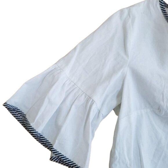 Crown & Ivy Womens Bell Sleeve Striped Trim Blouse S Cotton White - Picture 2 of 4
